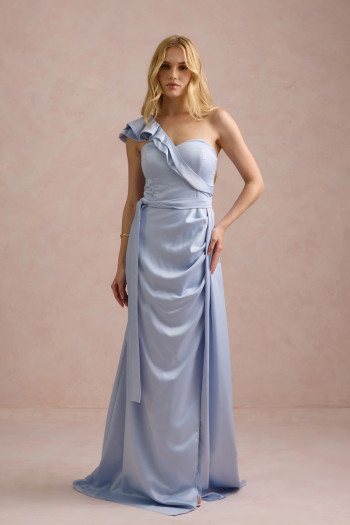 VESTIDO DE FESTA LUCY CREPE ACETINADO UM OMBRO - AZUL SERENITY