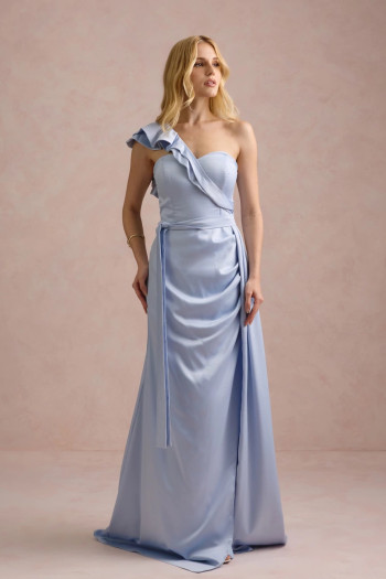 VESTIDO DE FESTA LUCY CREPE ACETINADO UM OMBRO - AZUL SERENITY