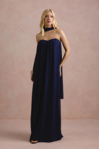 VESTIDO LONGO FIORELLA FAIXA CHOKER - AZUL MARINHO