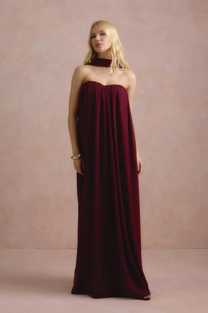 VESTIDO LONGO FIORELLA FAIXA CHOKER - VINHO