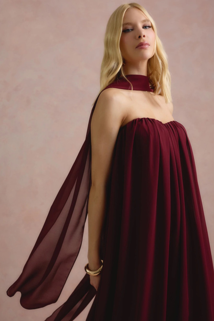 VESTIDO LONGO FIORELLA FAIXA CHOKER - VINHO