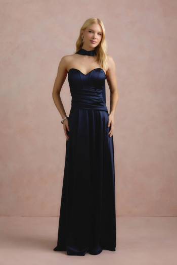 VESTIDO DE FESTA GIOVANA CREPE ACETINADO FAIXA CHOKER - AZUL MARINHO