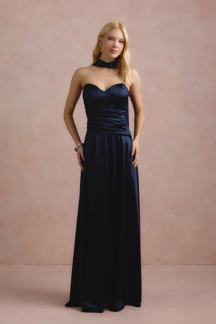 VESTIDO DE FESTA GIOVANA CREPE ACETINADO FAIXA CHOKER - AZUL MARINHO