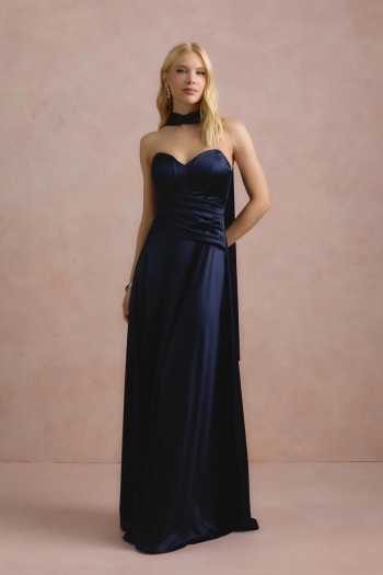 VESTIDO DE FESTA GIOVANA CREPE ACETINADO FAIXA CHOKER - AZUL MARINHO