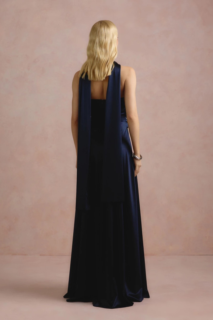 VESTIDO DE FESTA GIOVANA CREPE ACETINADO FAIXA CHOKER - AZUL MARINHO