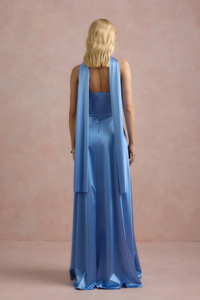 VESTIDO DE FESTA GIOVANA CREPE ACETINADO FAIXA CHOKER - AZUL SERENITY
