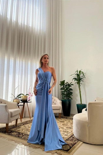 VESTIDO DE FESTA GLAM CREPE ACETINADO - AZUL SERENITY
