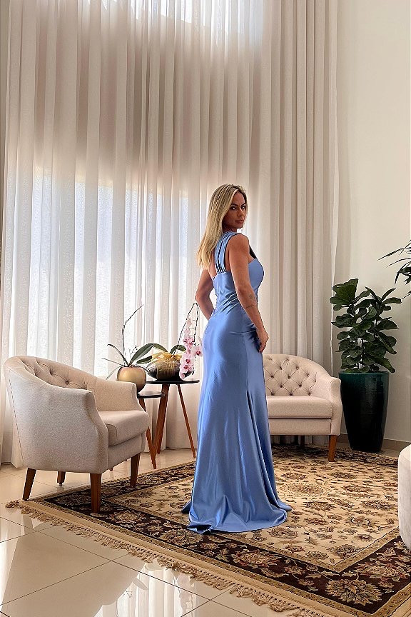 VESTIDO DE FESTA GLAM CREPE ACETINADO - AZUL SERENITY