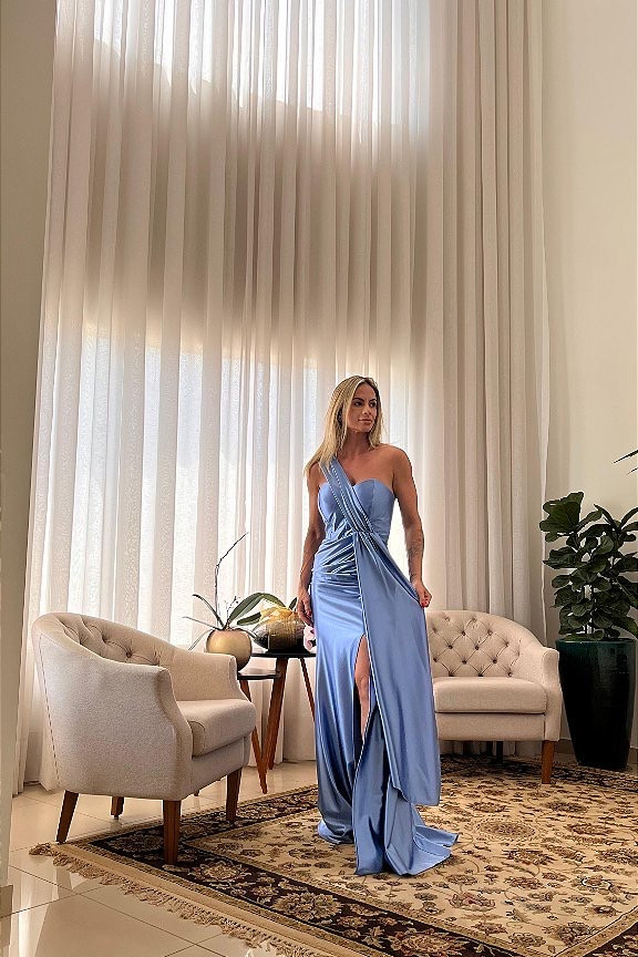 VESTIDO DE FESTA GLAM CREPE ACETINADO - AZUL SERENITY
