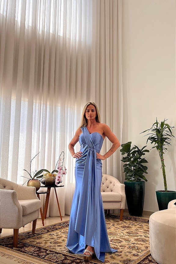 VESTIDO DE FESTA GLAM CREPE ACETINADO - AZUL SERENITY