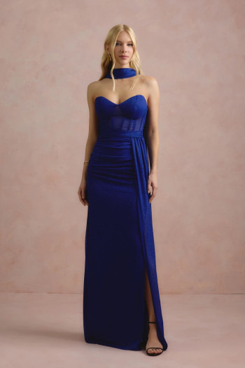VESTIDO DE FESTA LUNA TULE LUREX CHOKER - AZUL ROYAL