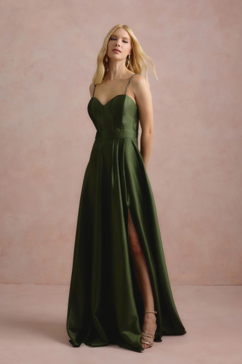 VESTIDO DE FESTA NORUEGA CREPE ACETINADO - VERDE OLIVA