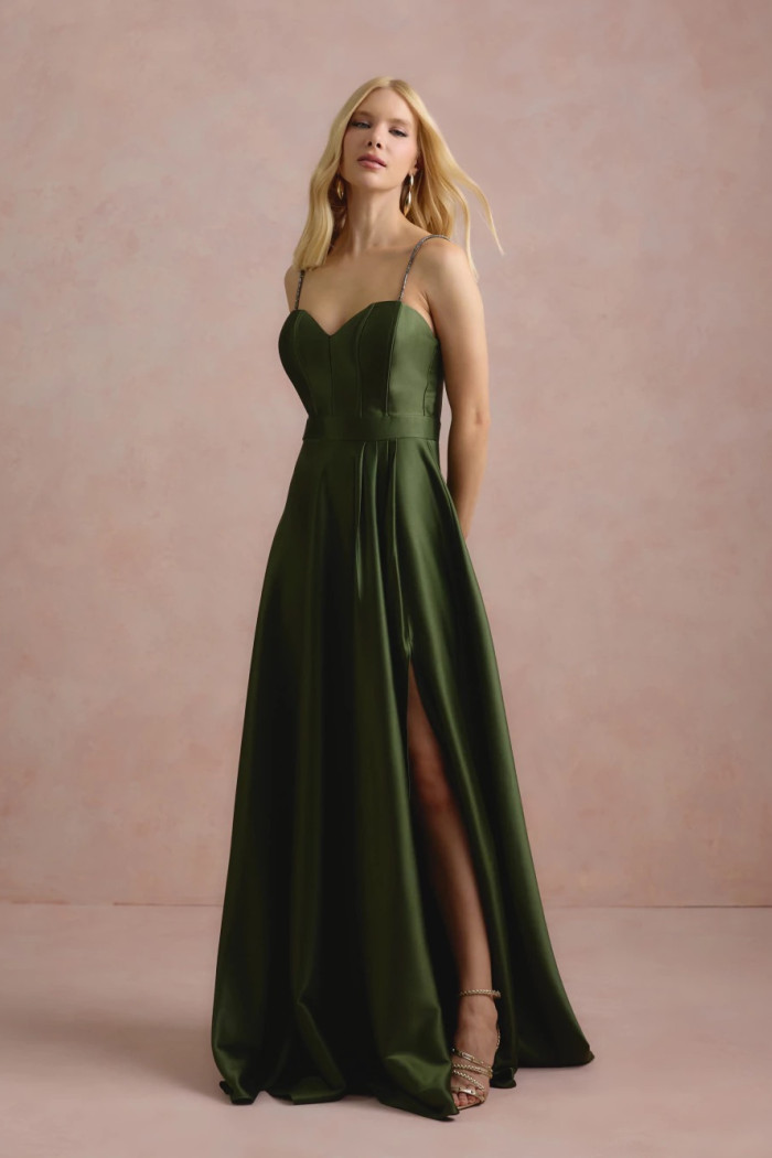 VESTIDO DE FESTA NORUEGA CREPE ACETINADO - VERDE OLIVA