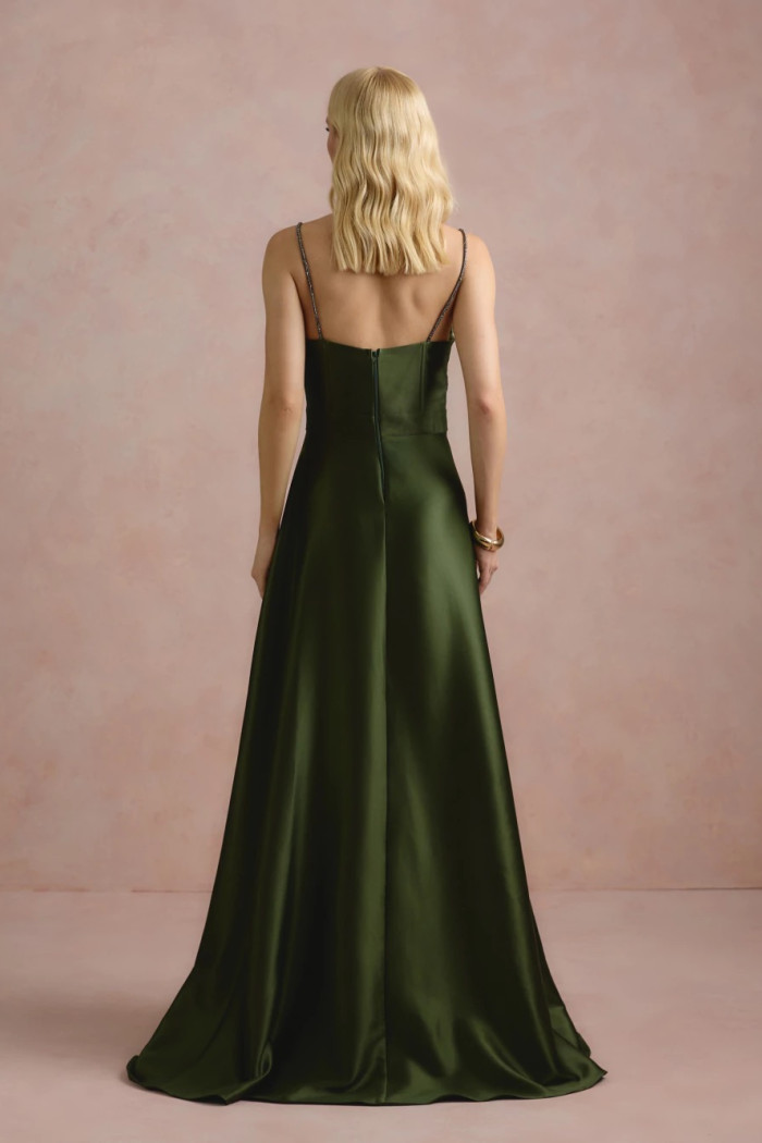 VESTIDO DE FESTA NORUEGA CREPE ACETINADO - VERDE OLIVA