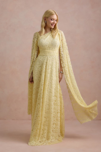VESTIDO MARILYN RENDA UM OMBRO COM CAPA - AMARELO MANTEIGA