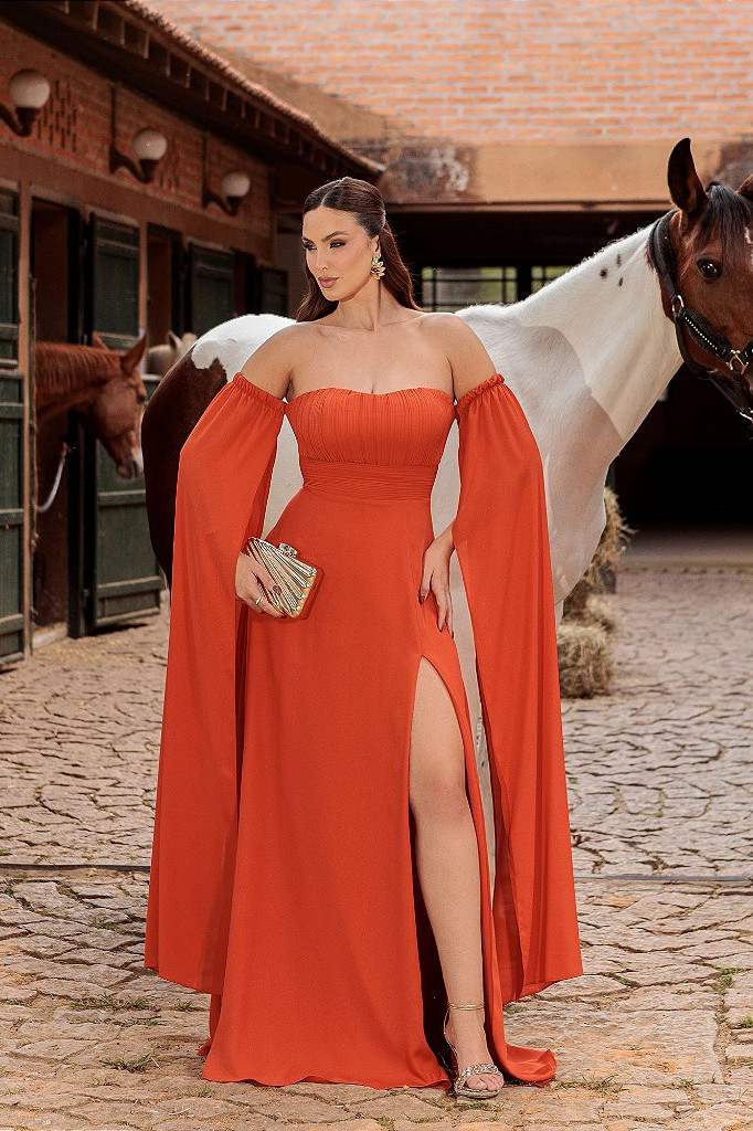 VESTIDO DE FESTA RANCHCORE MANGA CIGANINHA - TERRACOTA