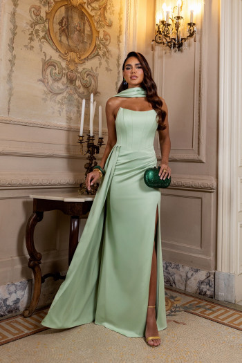 VESTIDO DE FESTA DANIELLA T.Q.C CREPE VOGUE - VERDE MENTA