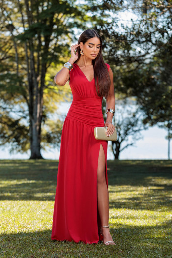 VESTIDO LONGO KOURTNEY DRAPEADO FENDA - VERMELHO