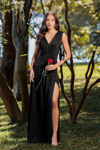 VESTIDO LONGO KOURTNEY DRAPEADO FENDA - PRETO