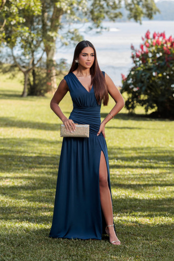 VESTIDO LONGO KOURTNEY DRAPEADO FENDA - AZUL MARINHO