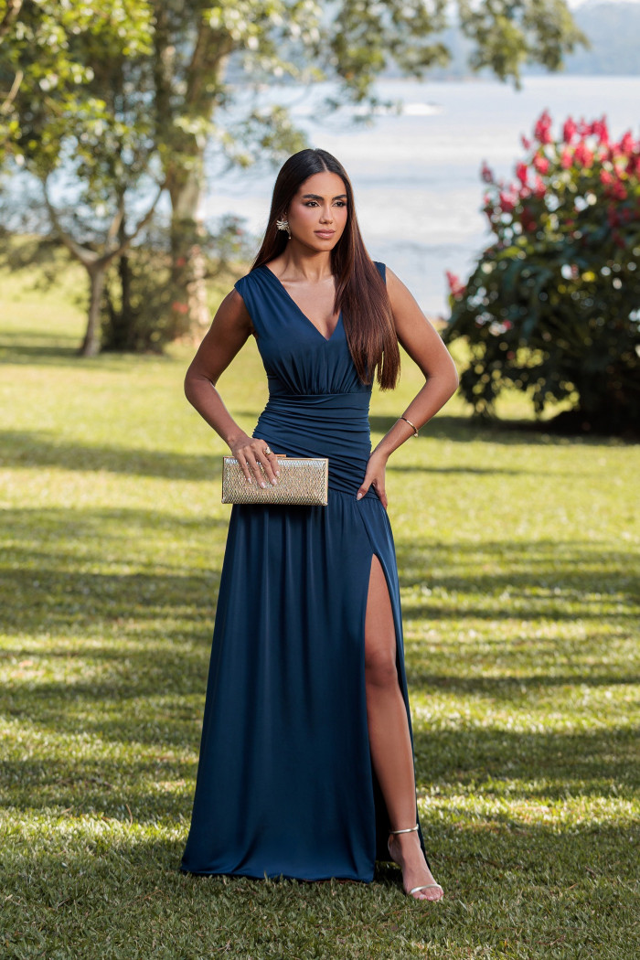 VESTIDO LONGO KOURTNEY DRAPEADO FENDA - AZUL MARINHO