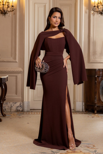VESTIDO DE FESTA SEUL T.Q.C COM CAPA - MARROM