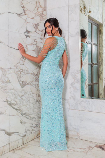 VESTIDO SAMANTHA BORDADO EM PAETÊ DETALHE PEDRARIA OMBRO - VERDE TIFFANY