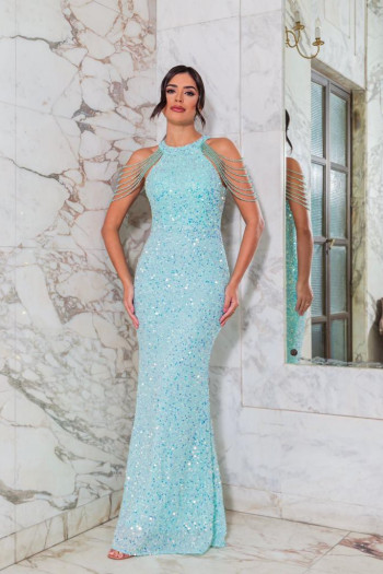 VESTIDO SAMANTHA BORDADO EM PAETÊ DETALHE PEDRARIA OMBRO - VERDE TIFFANY
