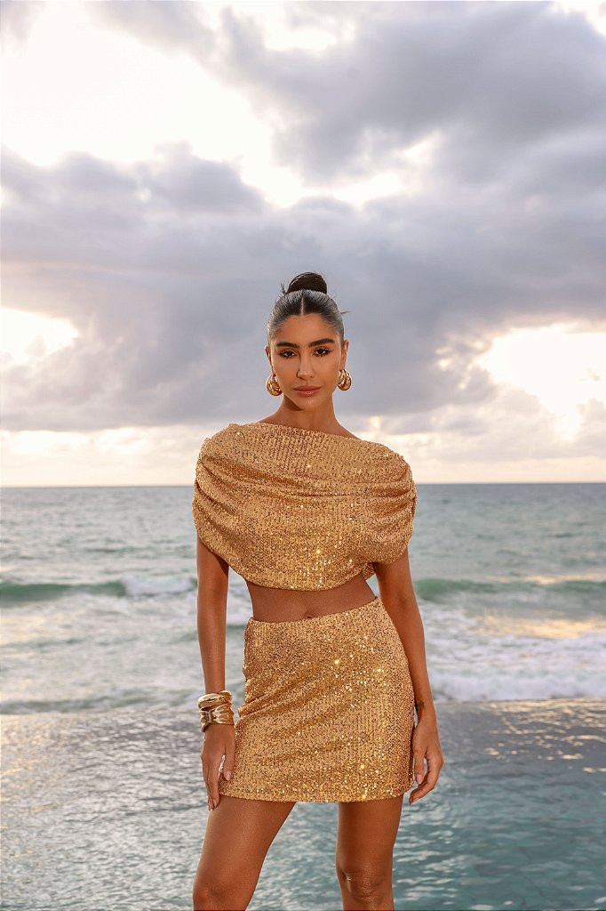CONJUNTO CROPPED E SAIA EM PAETÊ VIVIAN - DOURADO