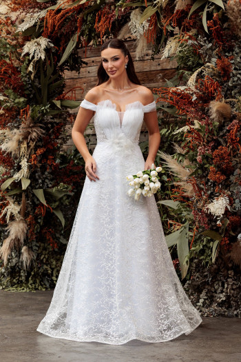 VESTIDO DOMINIQUE TULE BORDADO OMBRO A OMBRO NOIVINHAS - BRANCO