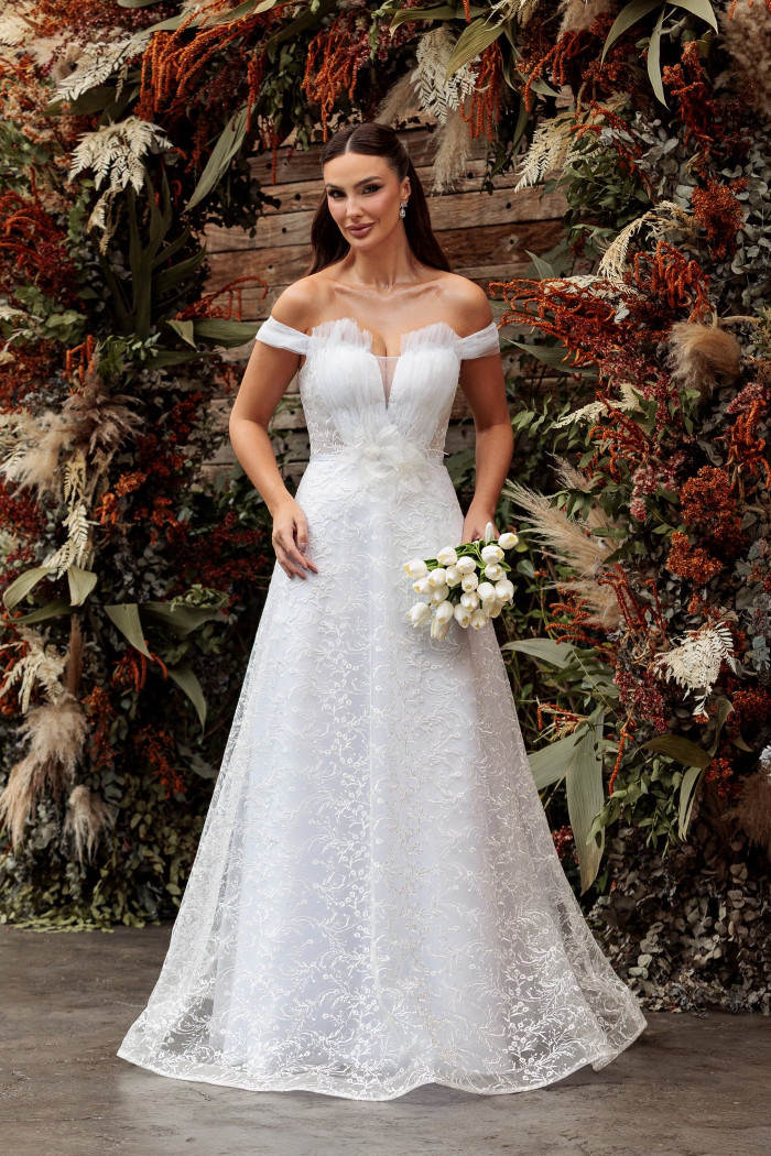 VESTIDO DOMINIQUE TULE BORDADO OMBRO A OMBRO NOIVINHAS - BRANCO
