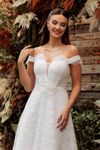 VESTIDO DOMINIQUE TULE BORDADO OMBRO A OMBRO NOIVINHAS - BRANCO