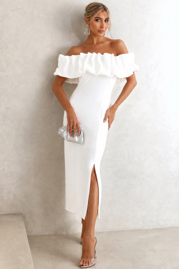 VESTIDO OMBRO A OMBRO MIDI BABADOS PATY - BRANCO
