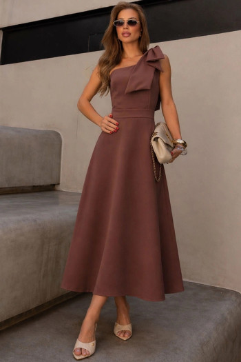 VESTIDO GLÁUCIA UM OMBRO COM LAÇO - MARROM