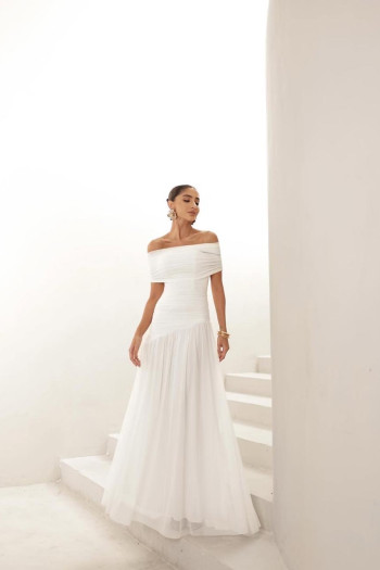 VESTIDO DE FESTA ALICE MICROTULE COM CAPA - OFF WHITE