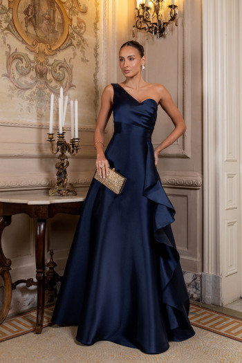 VESTIDO DE FESTA FIRENZE ZIBELINE UM OMBRO - AZUL MARINHO
