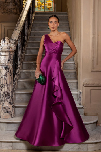 VESTIDO DE FESTA FIRENZE ZIBELINE UM OMBRO - FÚCSIA