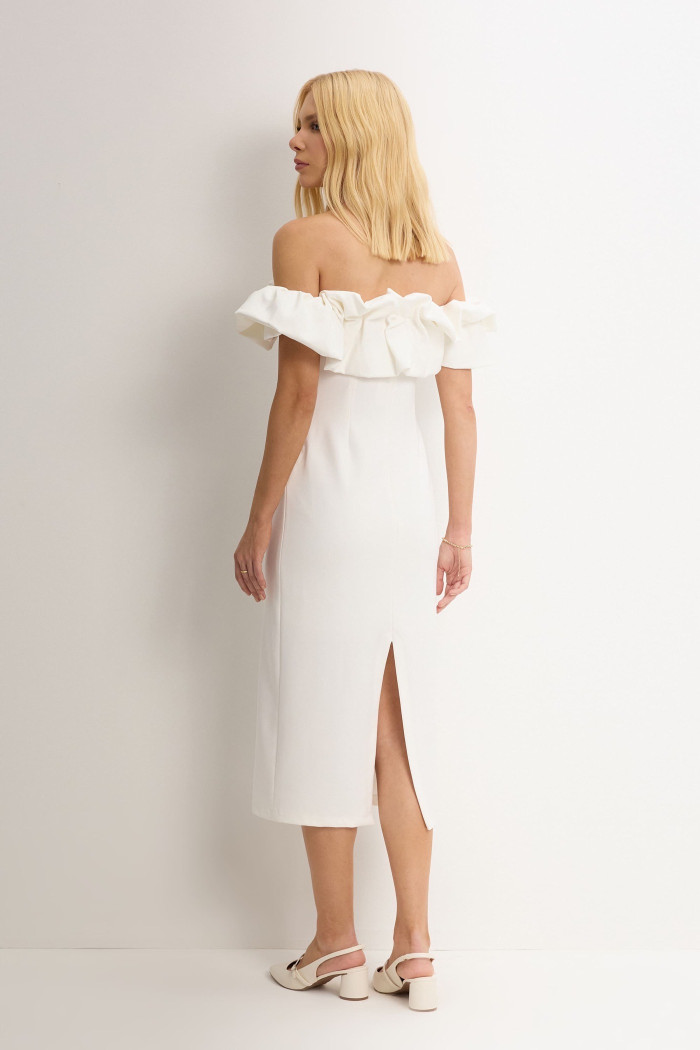 VESTIDO DRIELY MIDI DECOTE V COM BABADOS - OFF WHITE