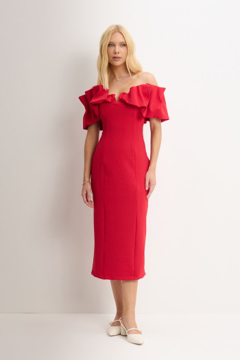 VESTIDO DRIELY MIDI DECOTE V COM BABADOS - VERMELHO