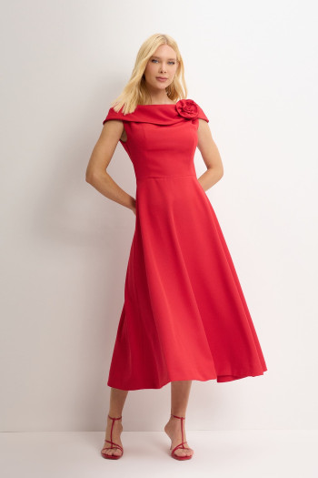 VESTIDO HILDA MIDI DETALHE FLOR - VERMELHO