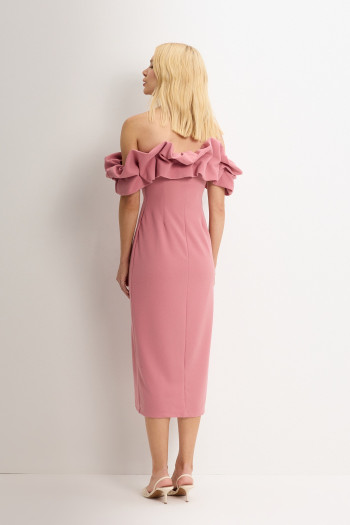 VESTIDO OMBRO A OMBRO MIDI BABADOS PATY - ROSA