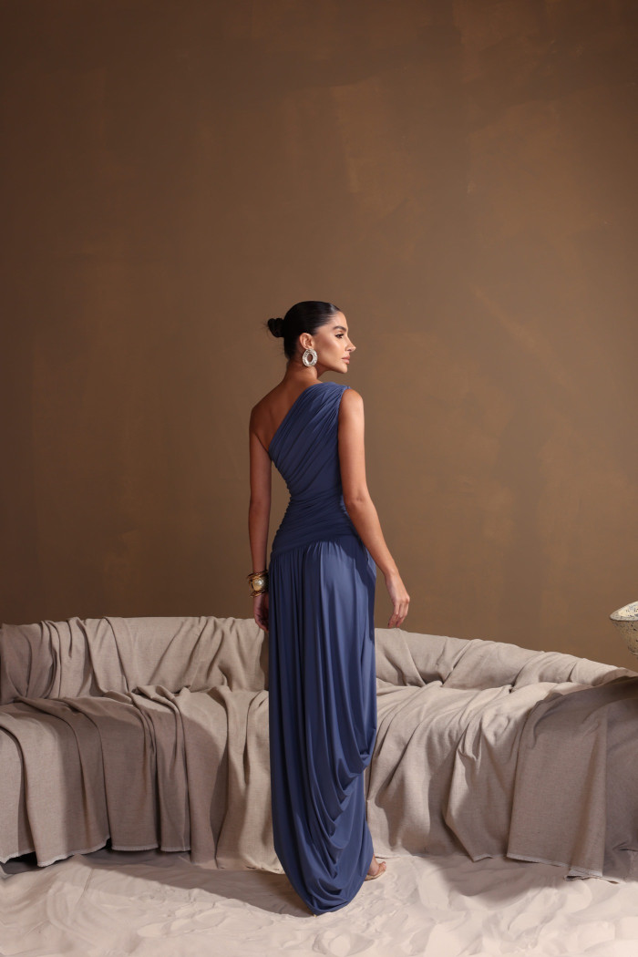 VESTIDO LONGO ASSIMÉTRICO BRUNA - AZUL JEANS