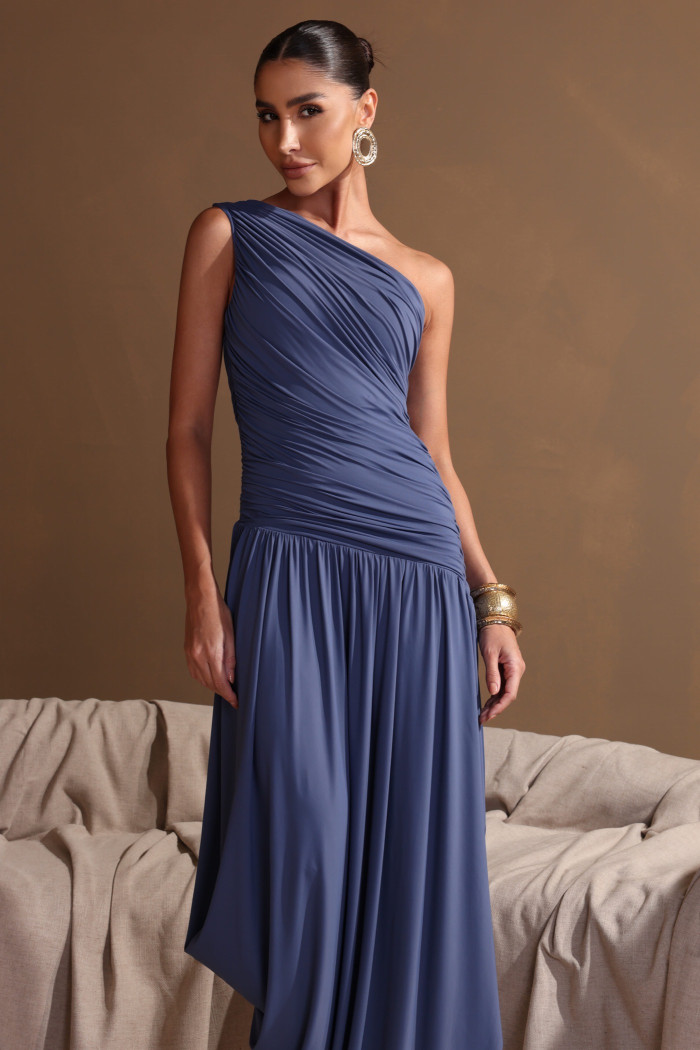 VESTIDO LONGO ASSIMÉTRICO BRUNA - AZUL JEANS