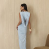 VESTIDO LONGO JERSEY DRAPEADO - AZUL SERENITY