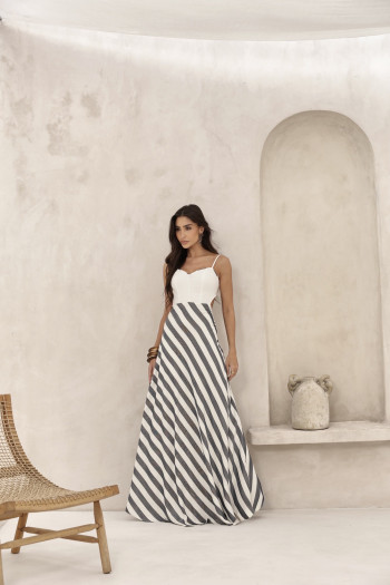 VESTIDO LONGO SAIA LISTRADA CANCUN - AZUL NOITE