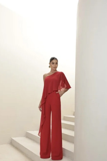 MACACÃO ANDRESSA SCUBA CREPE COM BLUSA FLUIDA - VERMELHO