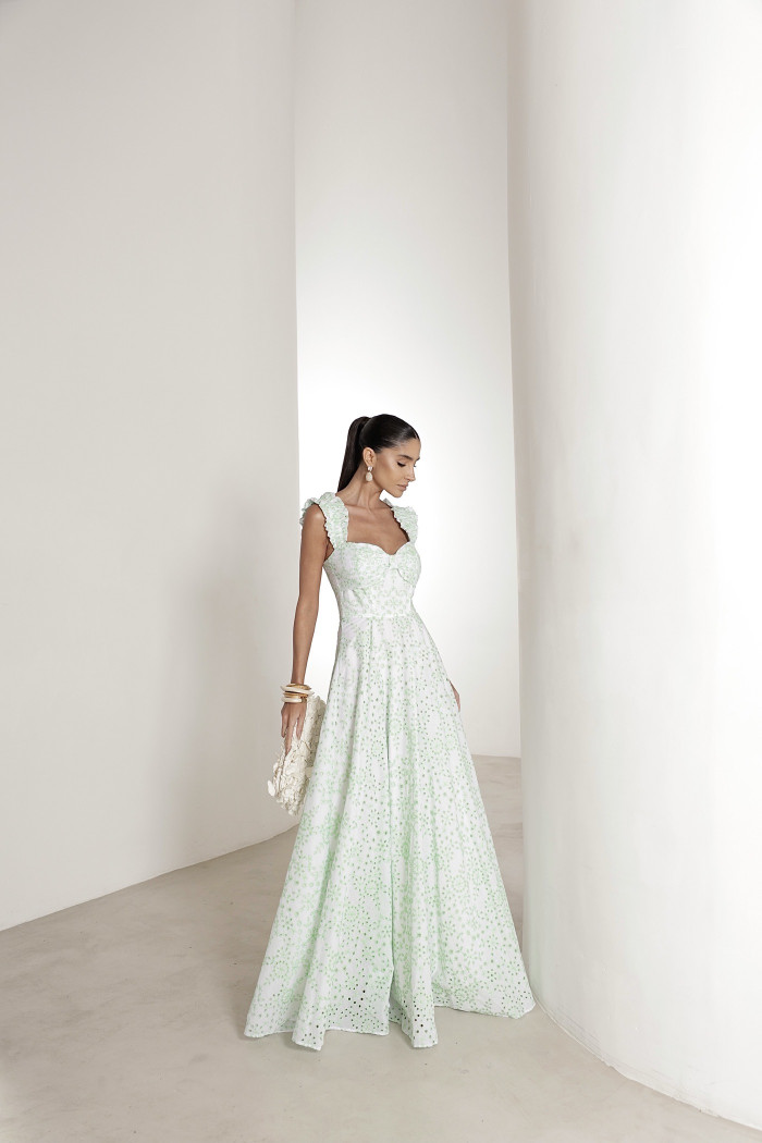 VESTIDO LONGO EM LAISE CURAÇAO COM BABADOS - VERDE LIMÃO