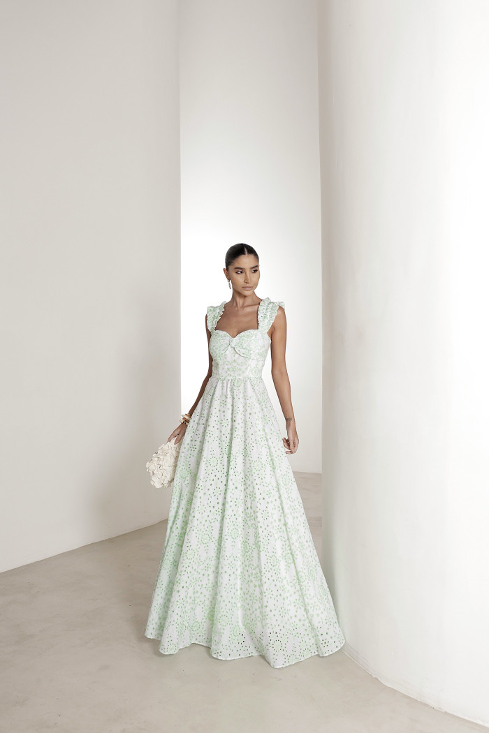 VESTIDO LONGO EM LAISE CURAÇAO COM BABADOS - VERDE LIMÃO