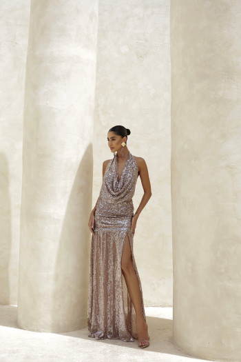 VESTIDO LONGO PAETÊ FRENTE ÚNICA JERICOACOARA - DOCE DE LEITE