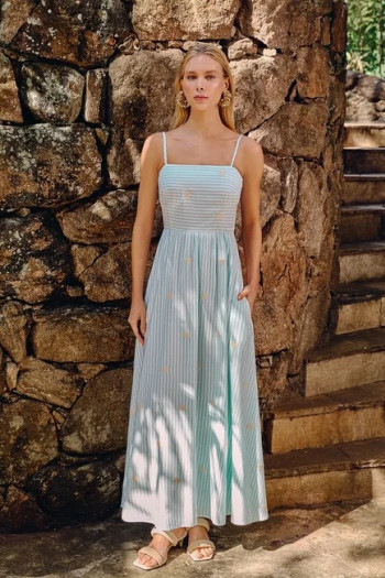 VESTIDO LONGO COM BORDADO LISTRADO - VERDE MENTA